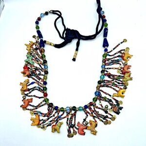 Africa Glass Bead Carved Animal Dangle Fringe Multicolor Statement Necklace/Belt